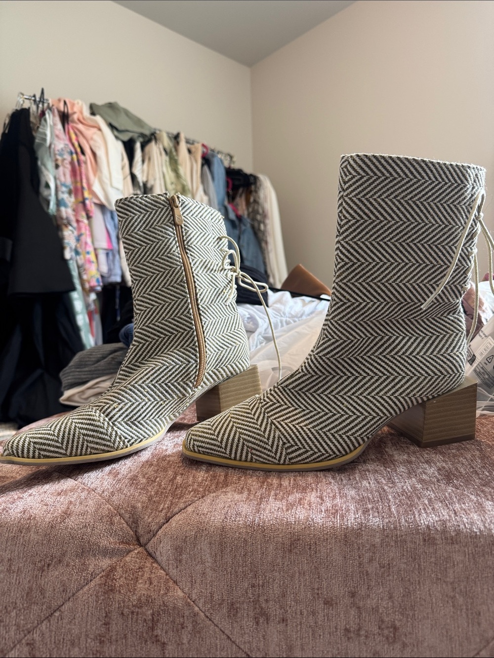 Woven Herringbone Ankle Boots - Cream/Black